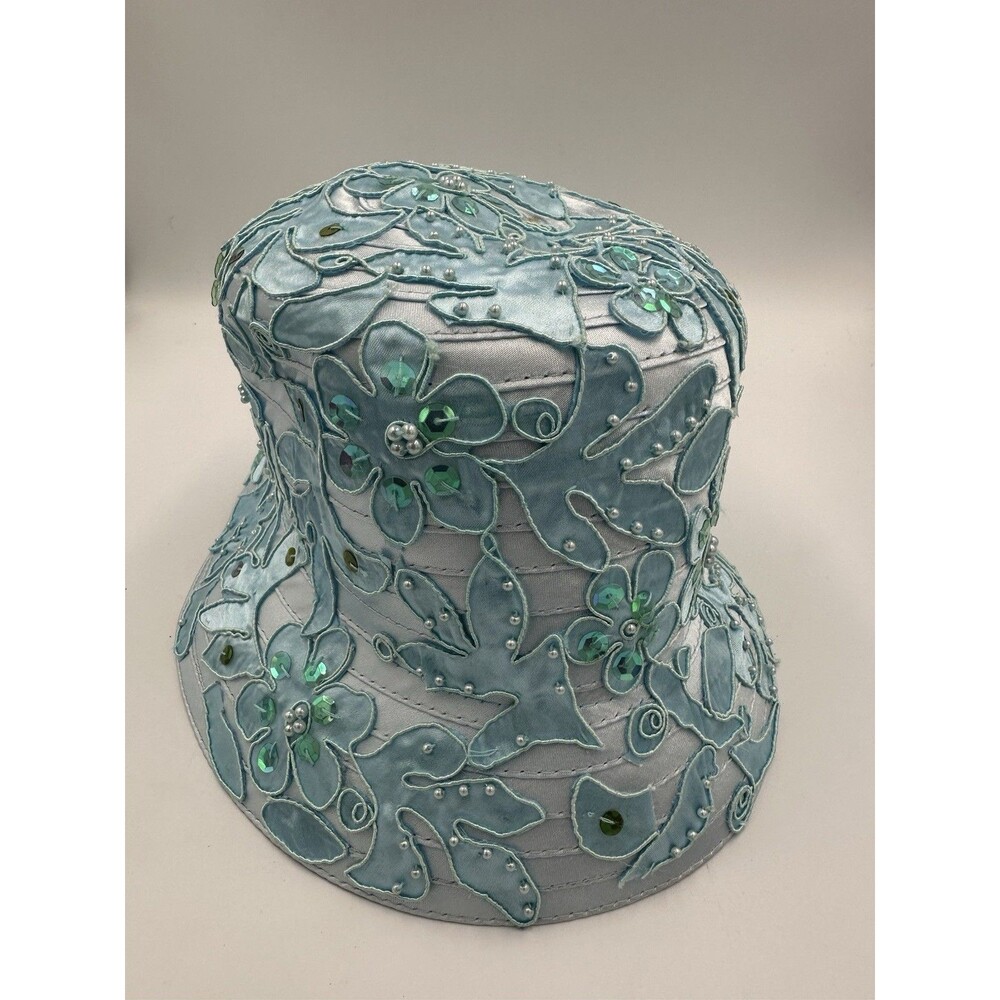 Vintage Finesse Y2K Blue Floral Beaded Bucket Hat Embroidered Sequin Pearl - Picture 4 of 9